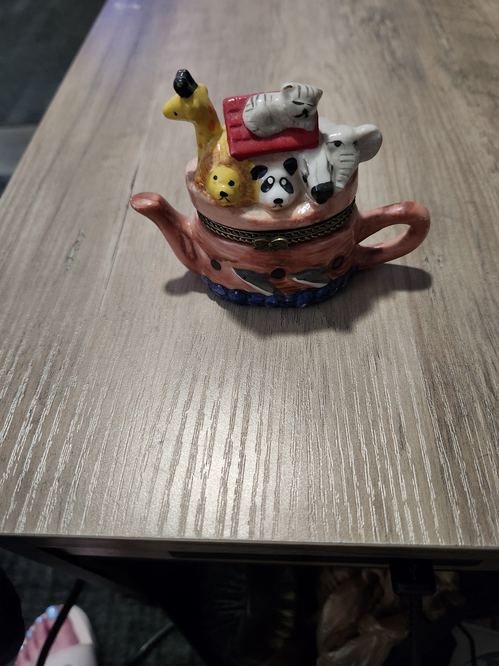 Ceramic Animal Teapot Trinket Box - Pink with Multicolor Animals